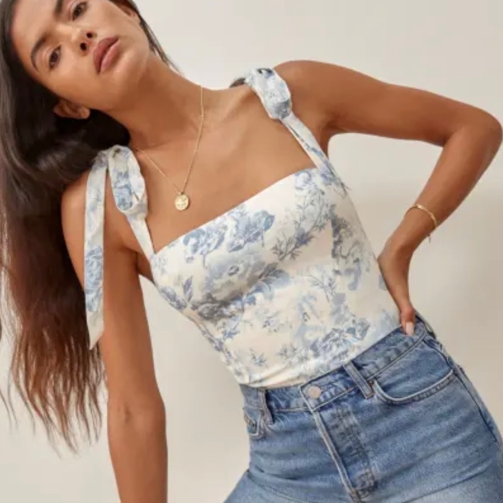 Reformation tie smocked back Ellora Top in Teacup color